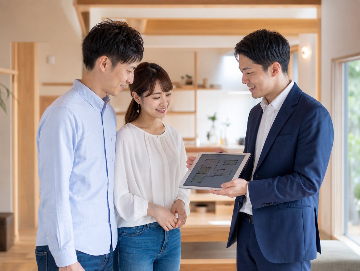 モデルハウスで間取りの説明を受けるご夫婦