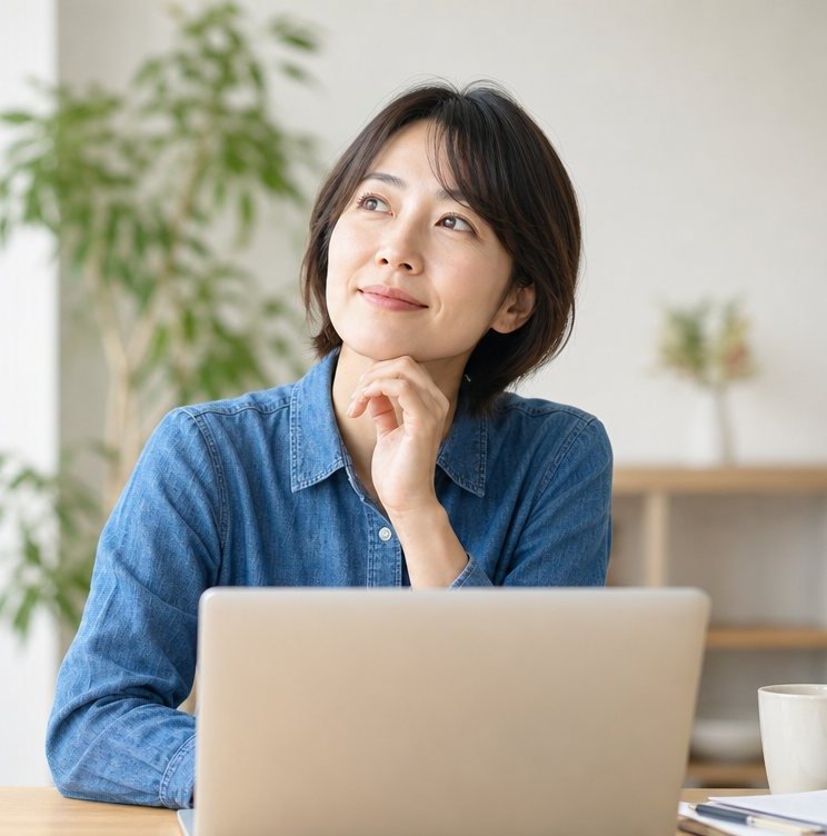 ノートパソコンに向かい前向きな表情の女性