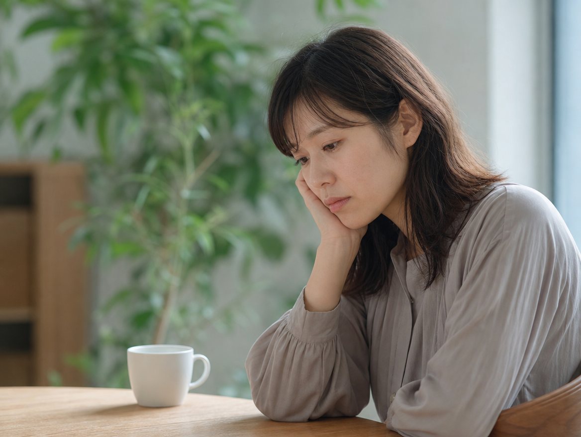 デスクで思い悩む様子の女性