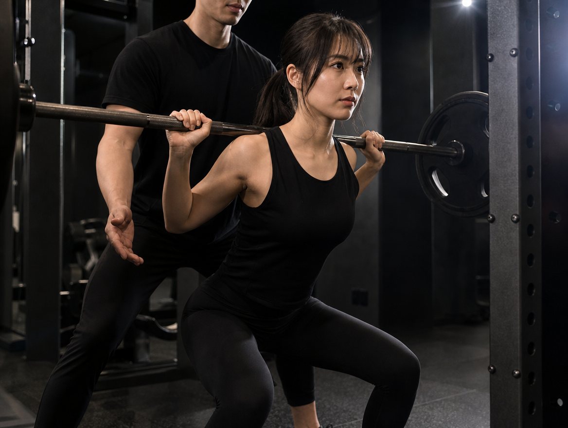 トレーナーの指導のもとバーベルトレーニングをする女性