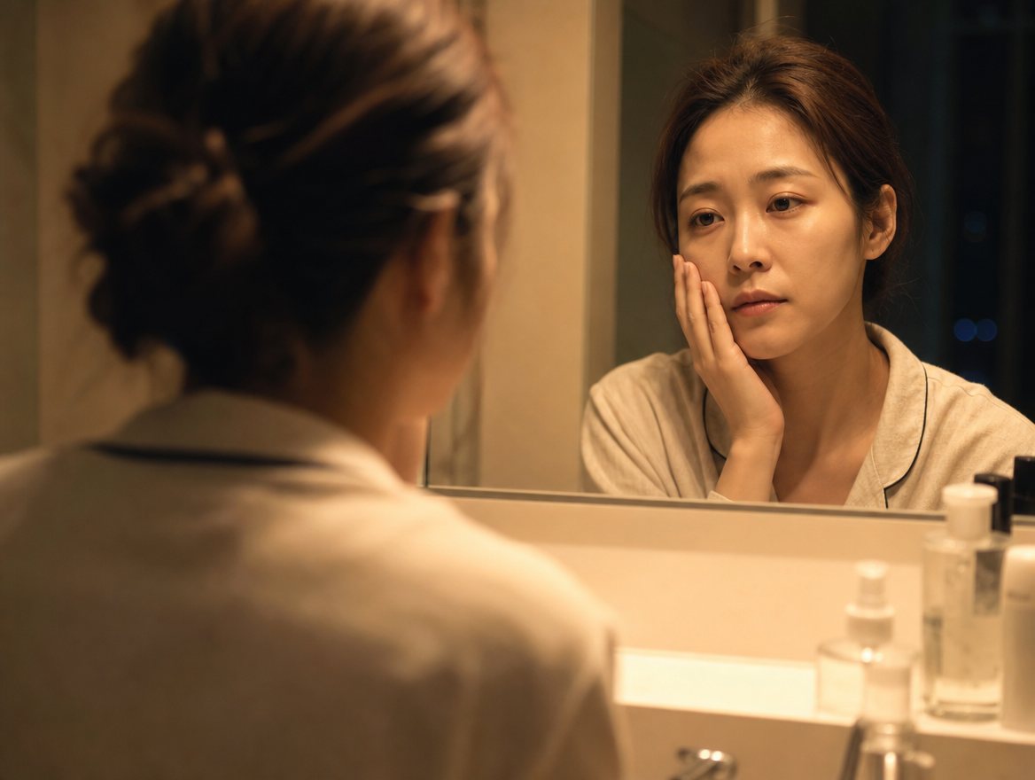 夜、鏡の前で自分の顔を見つめる女性