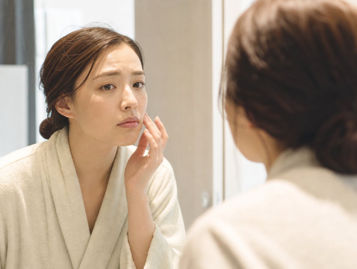 鏡の前で自分の肌を気にする女性
