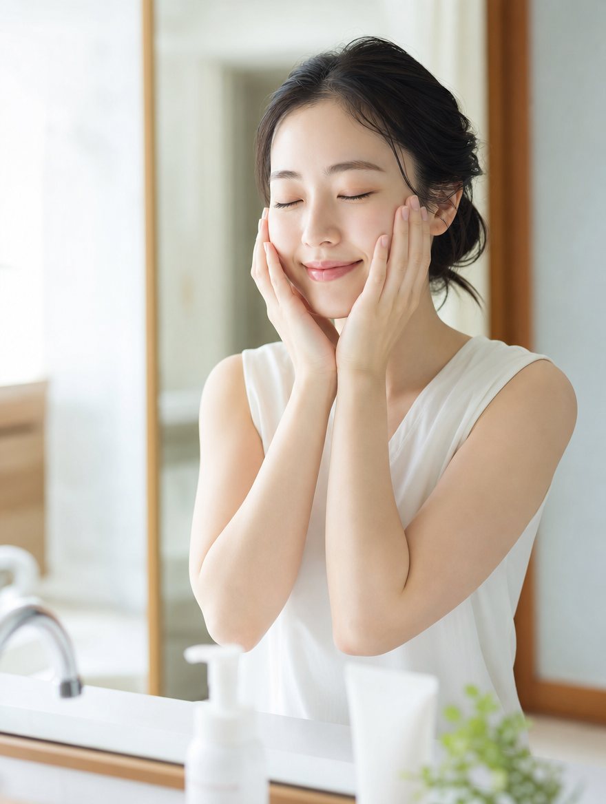 朝のスキンケアをする女性