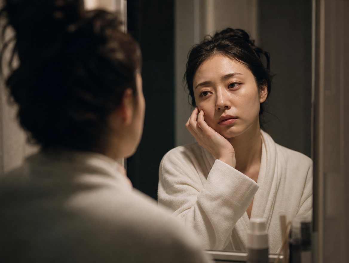 鏡の前で自分の肌を気にする女性
