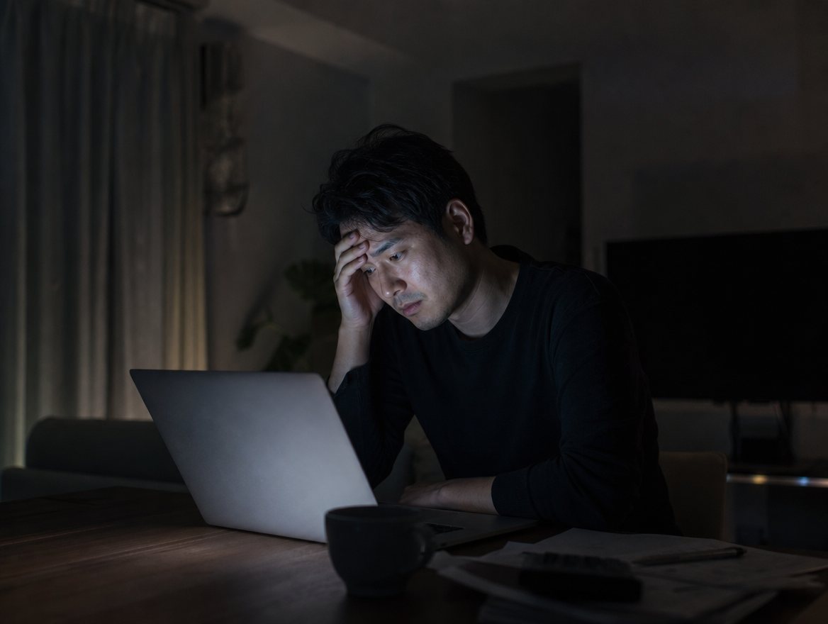 日曜の夜、ノートパソコンの前で考え込む男性